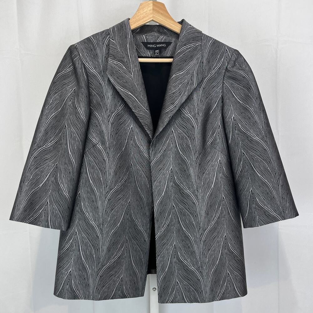 MING WANG Patterned Open Front Blazer Jacket 3/4 Slv Gray Silver Petite XS PXS - Picture 8 of 8